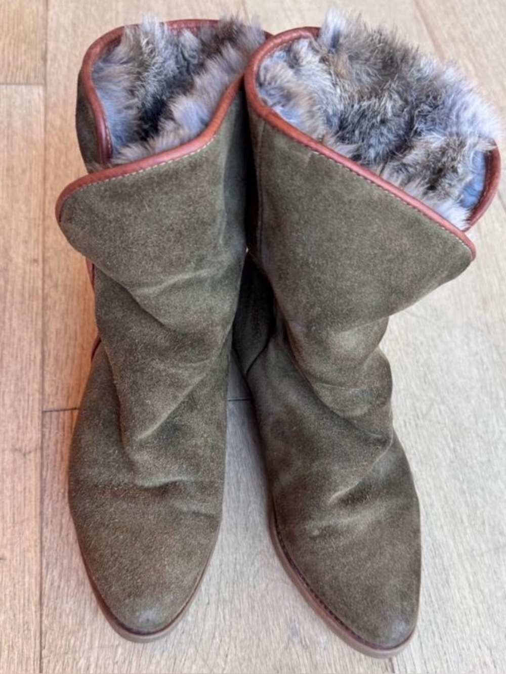 L.L. Bean Flat Boots Sz 6.5 Women's Fur-Lined Green Suede Cozy Vintage Cabincore